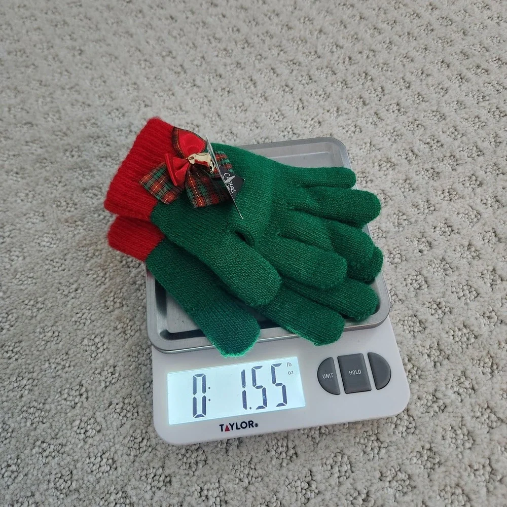 Christmas Gloves Green Red Plaid Bow Jingle Bell One Size NWT